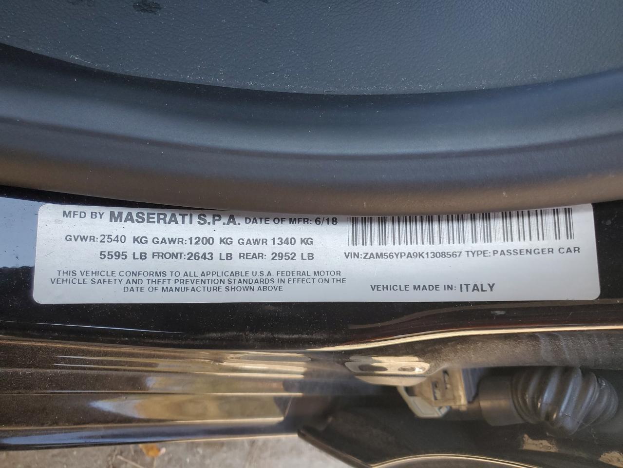 2019 Maserati Quattroporte S VIN: ZAM56YPA9K1308567 Lot: 92855605