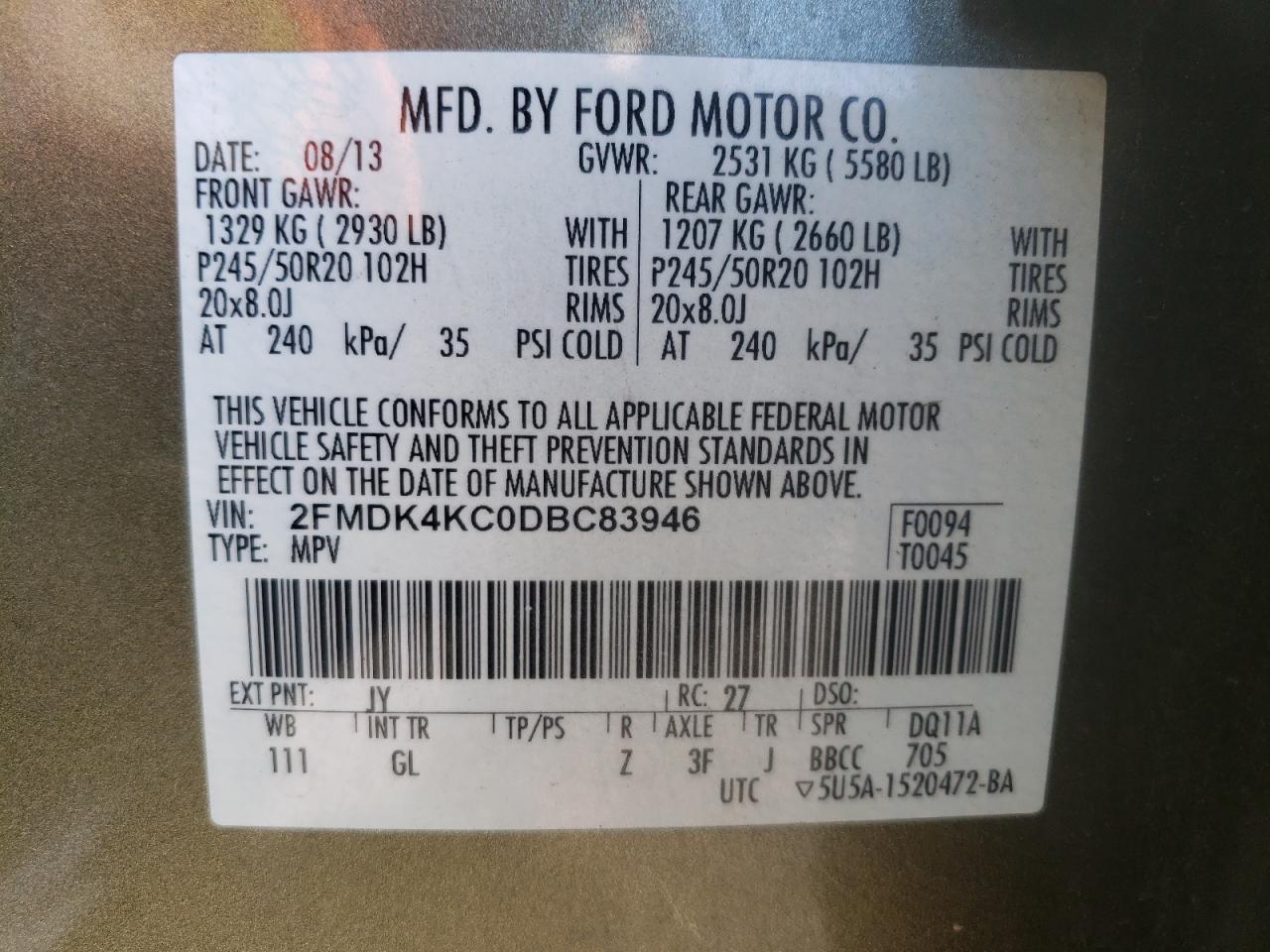 2013 Ford Edge Limited VIN: 2FMDK4KC0DBC83946 Lot: 93116935