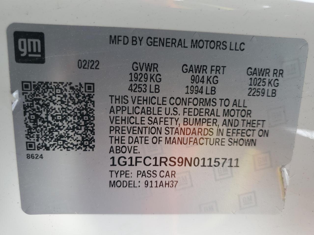 2022 Chevrolet Camaro Lt VIN: 1G1FC1RS9N0115711 Lot: 91065985