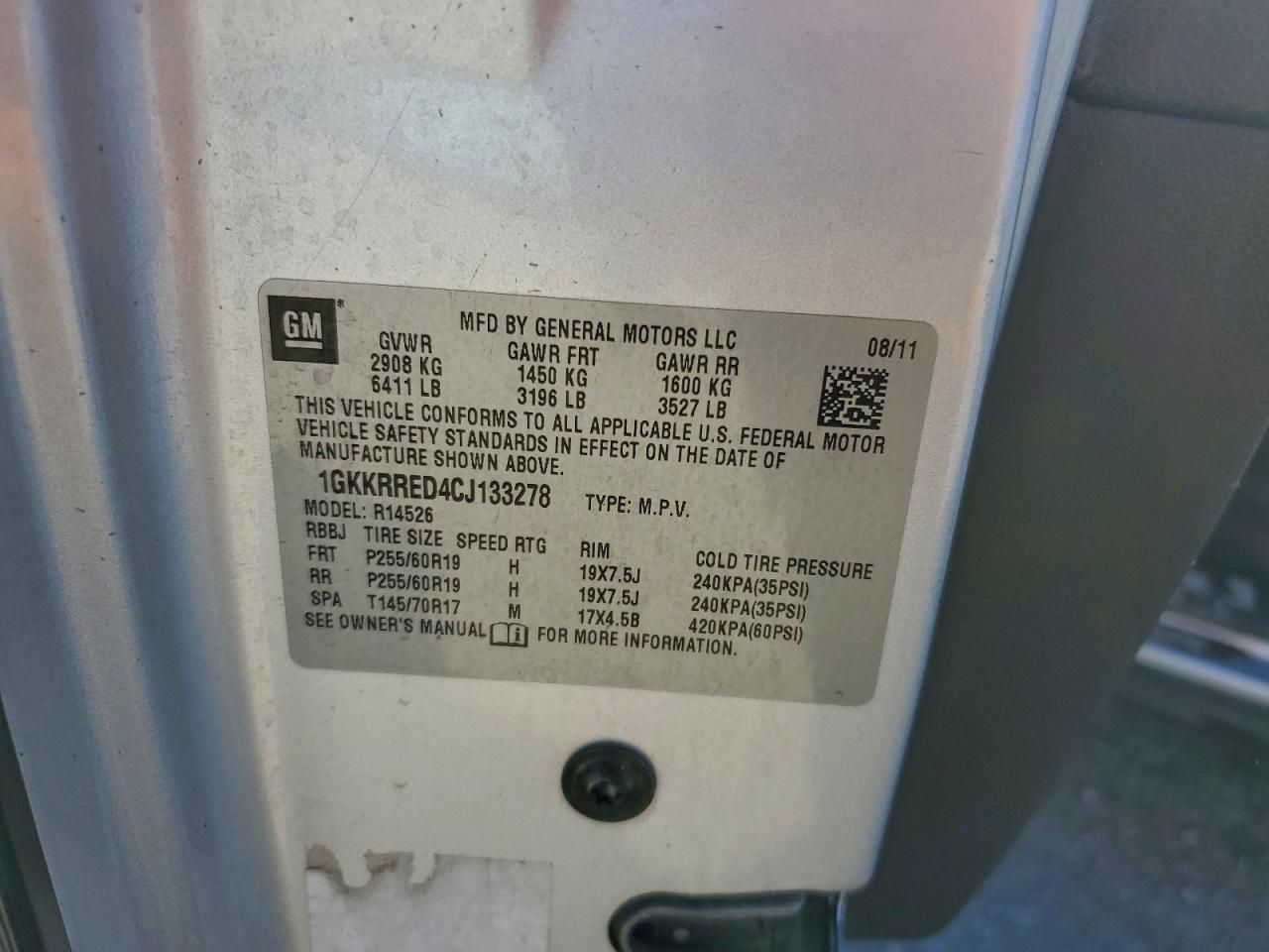 2012 GMC Acadia Slt-1 VIN: 1GKKRRED4CJ133278 Lot: 94380365