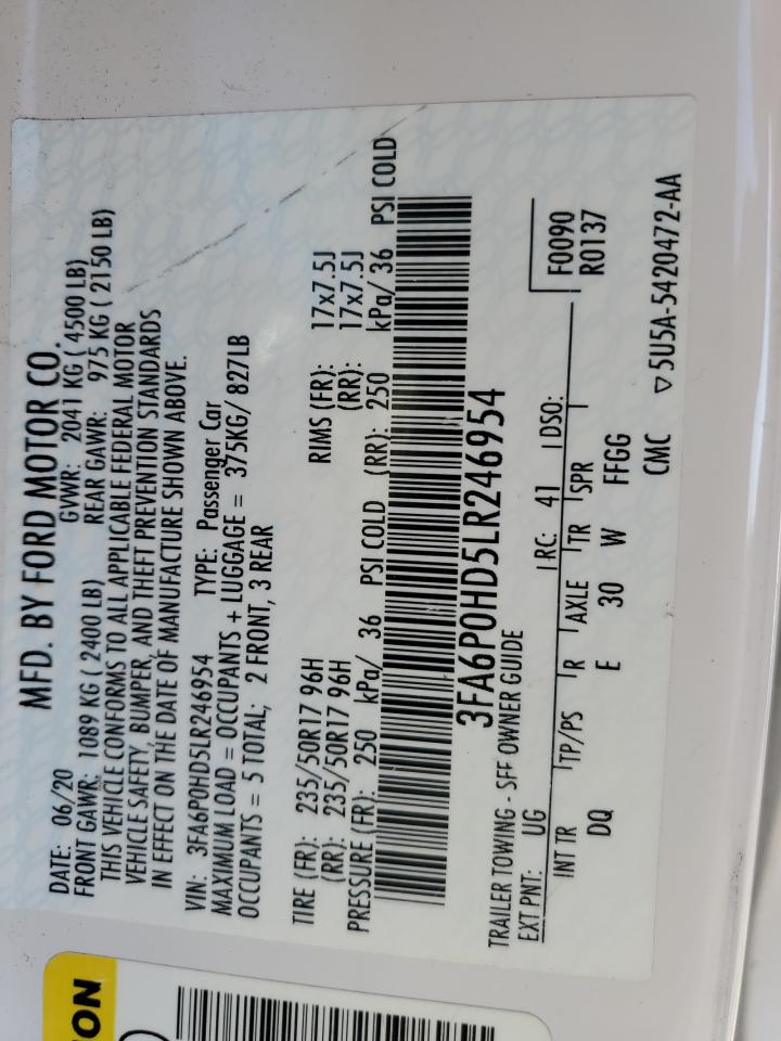 2020 Ford Fusion Se VIN: 3FA6P0HD5LR246954 Lot: 92867815