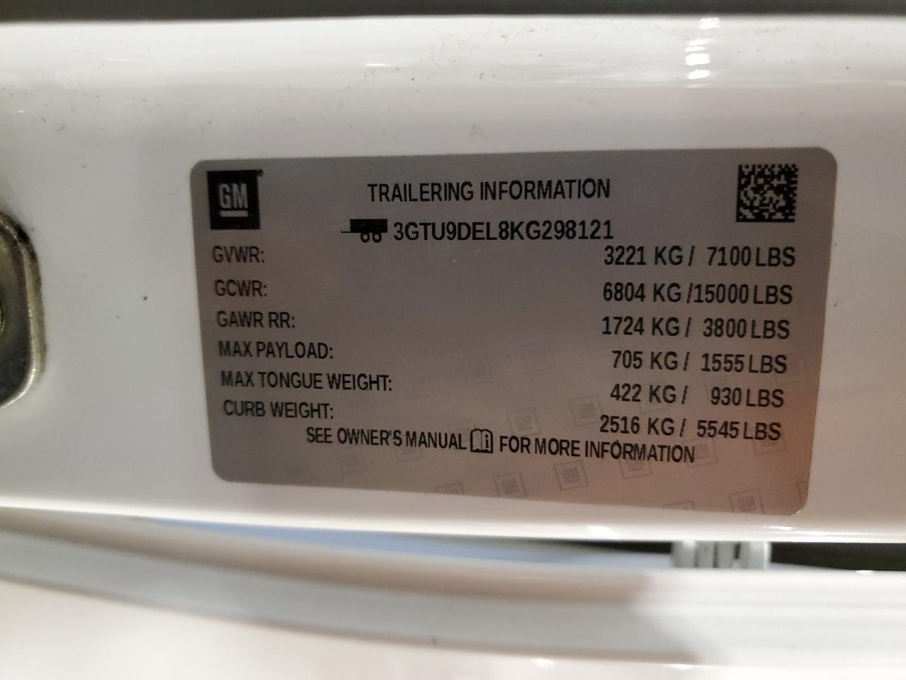 2019 GMC Sierra K1500 Slt VIN: 3GTU9DEL8KG298121 Lot: 90897685