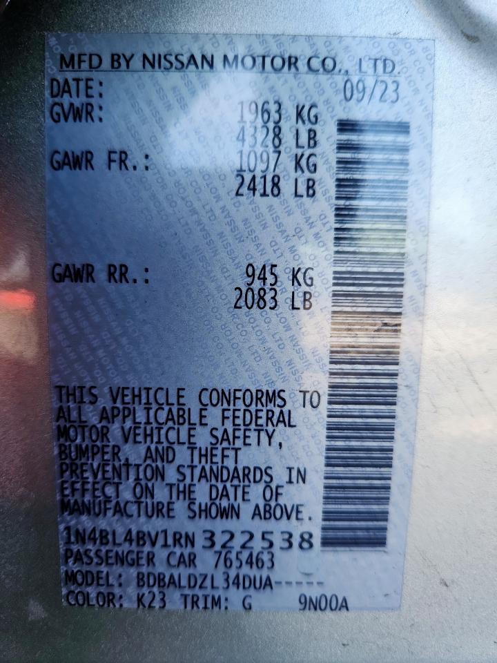 2024 Nissan Altima S VIN: 1N4BL4BV1RN322538 Lot: 92139675