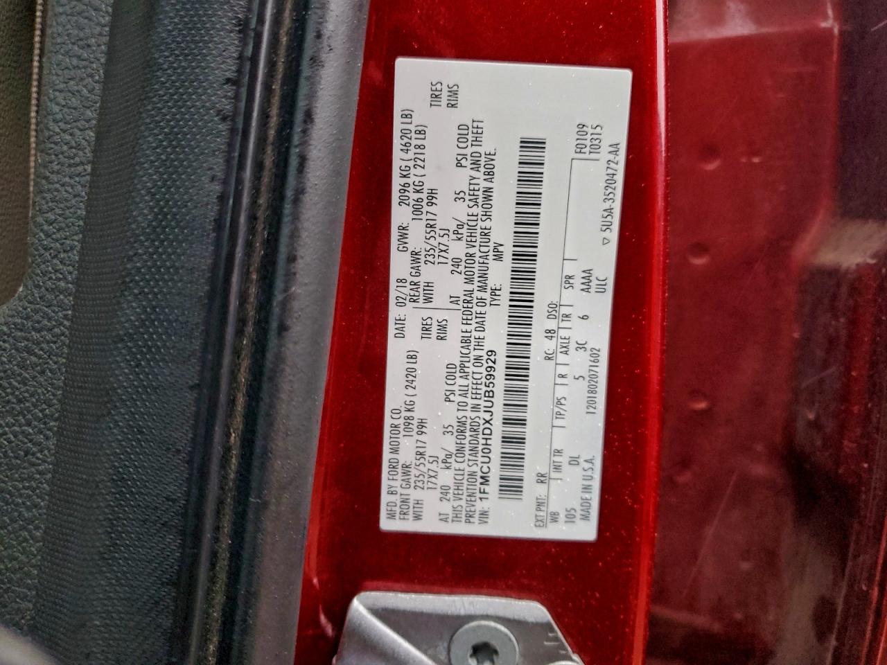 2018 Ford Escape Sel VIN: 1FMCU0HDXJUB59929 Lot: 93489435