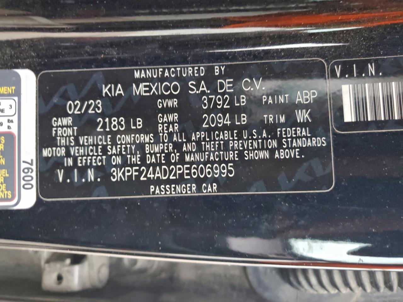 2023 Kia Forte Lx VIN: 3KPF24AD2PE606995 Lot: 94130065