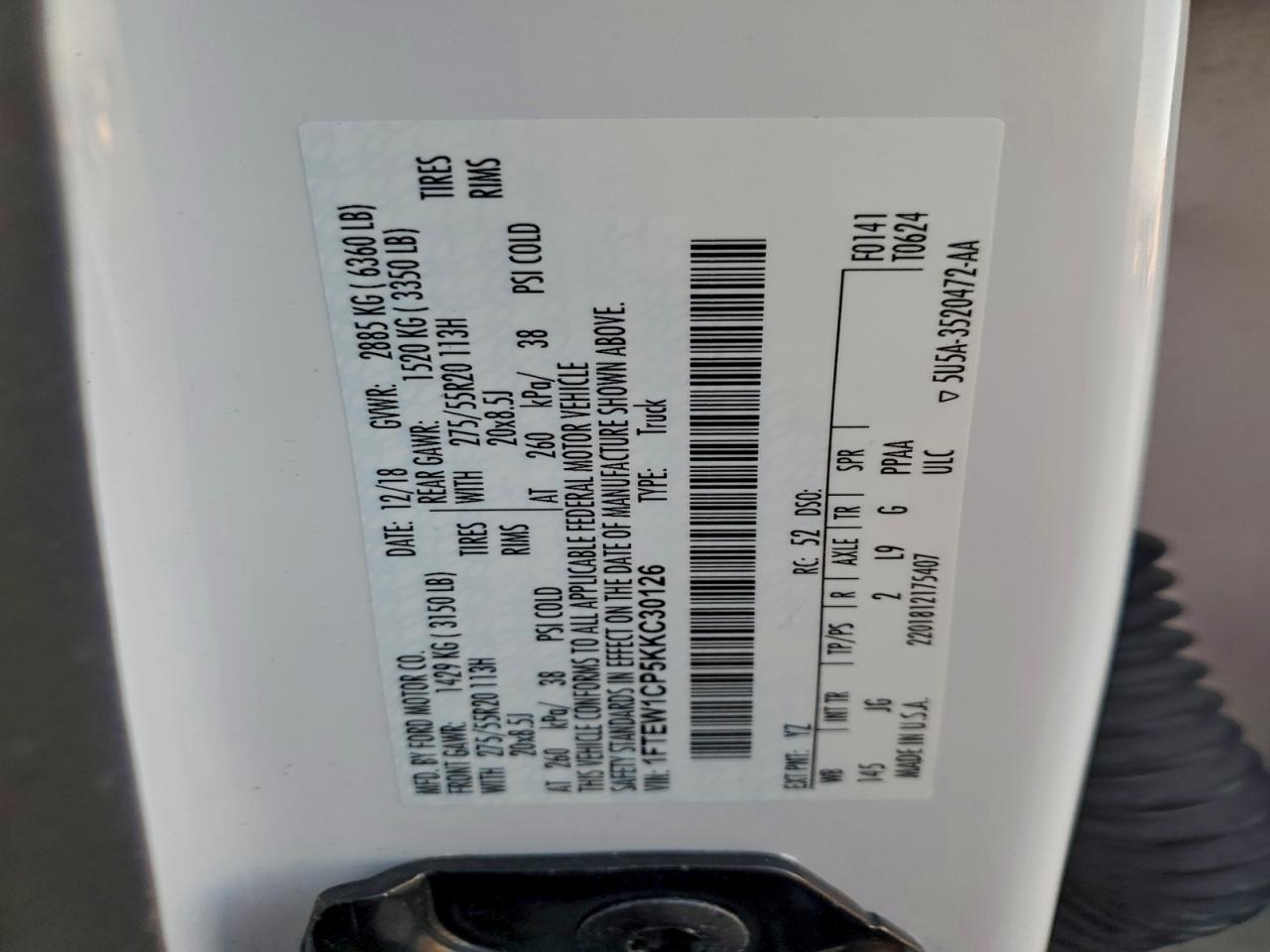 2019 Ford F150 Supercrew VIN: 1FTEW1CP5KKC30126 Lot: 94245835