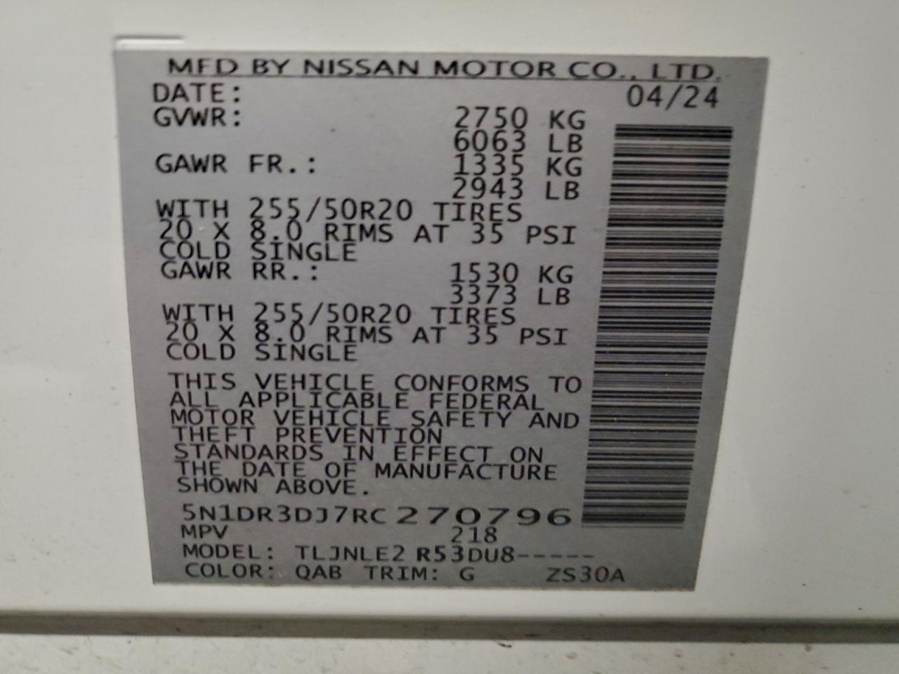 2024 Nissan Pathfinder Platinum VIN: 5N1DR3DJ7RC270796 Lot: 93832455