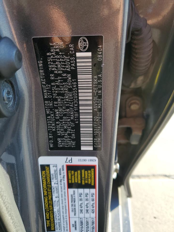 2012 Toyota Camry Base VIN: 4T1BF1FK3CU055461 Lot: 91883575