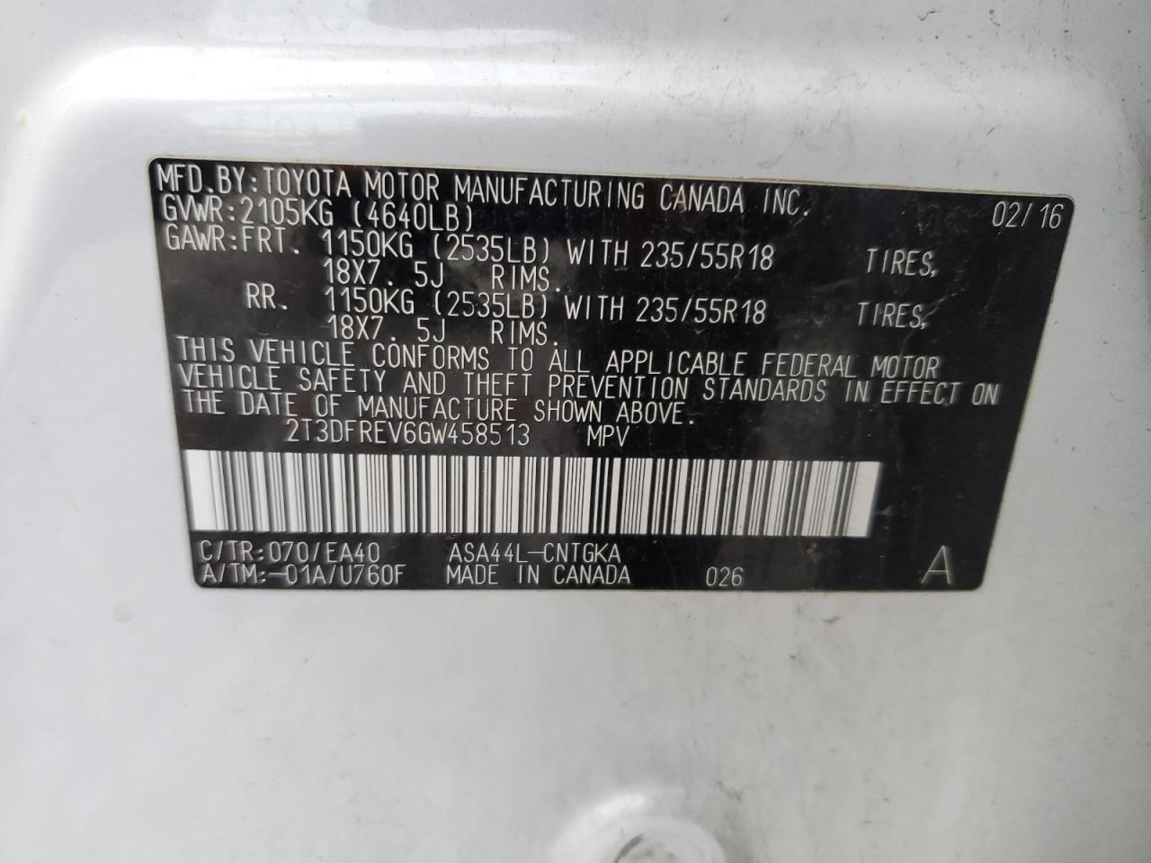 2016 Toyota Rav4 Limited VIN: 2T3DFREV6GW458513 Lot: 91163395