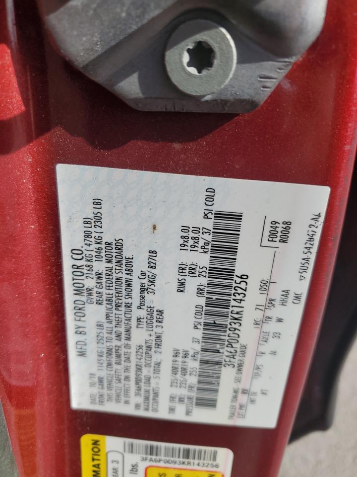 2019 Ford Fusion Titanium VIN: 3FA6P0D93KR143256 Lot: 91663375