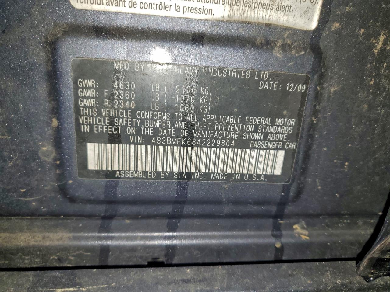 2010 Subaru Legacy 3.6R Limited VIN: 4S3BMEK68A2229804 Lot: 93317015