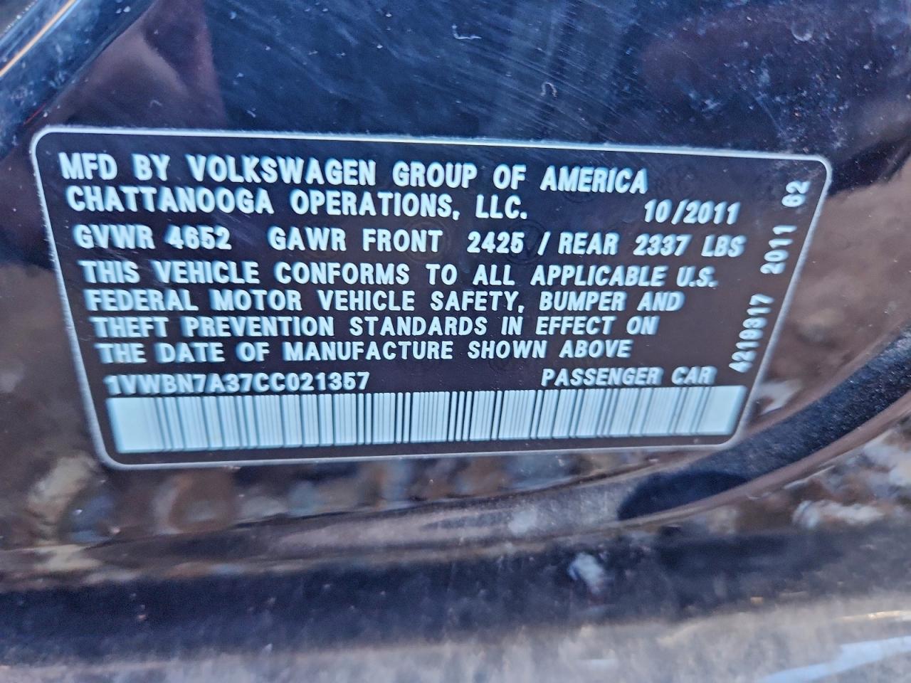 2012 Volkswagen Passat Se VIN: 1VWBN7A37CC021357 Lot: 94192415