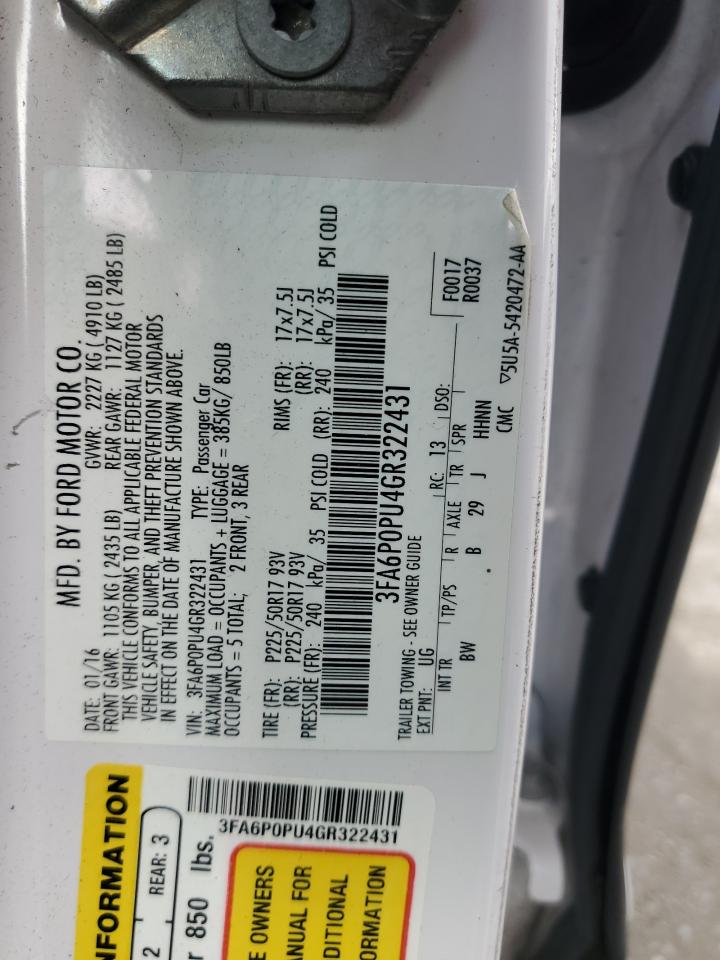 2016 Ford Fusion Se Phev VIN: 3FA6P0PU4GR322431 Lot: 92235555