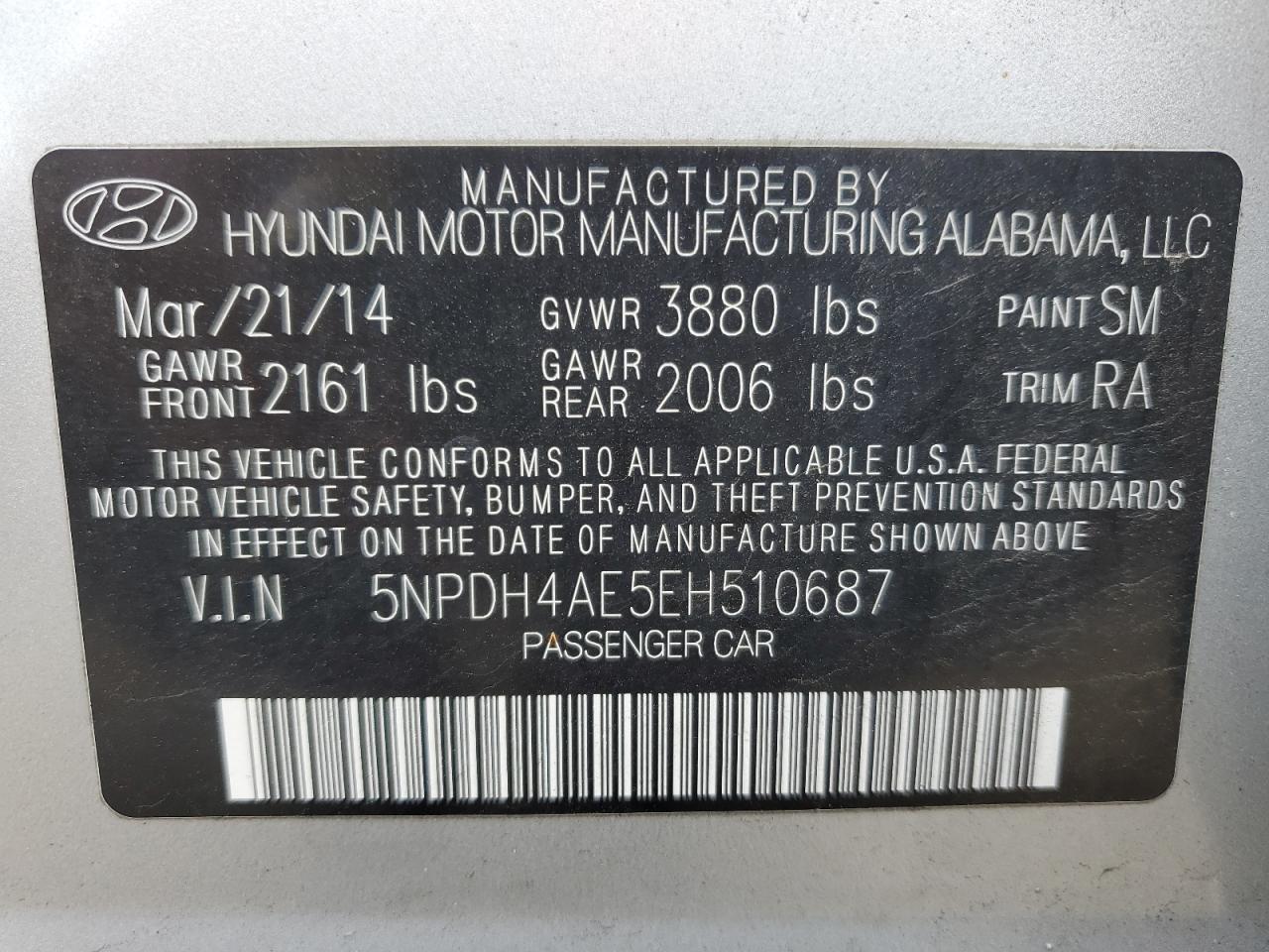 2014 Hyundai Elantra Se VIN: 5NPDH4AE5EH510687 Lot: 91436715