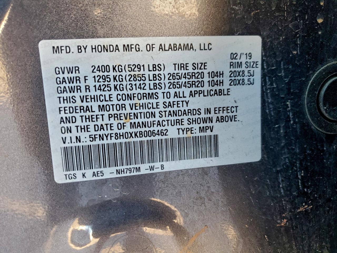 2019 Honda Passport Elite VIN: 5FNYF8H0XKB006462 Lot: 94596345