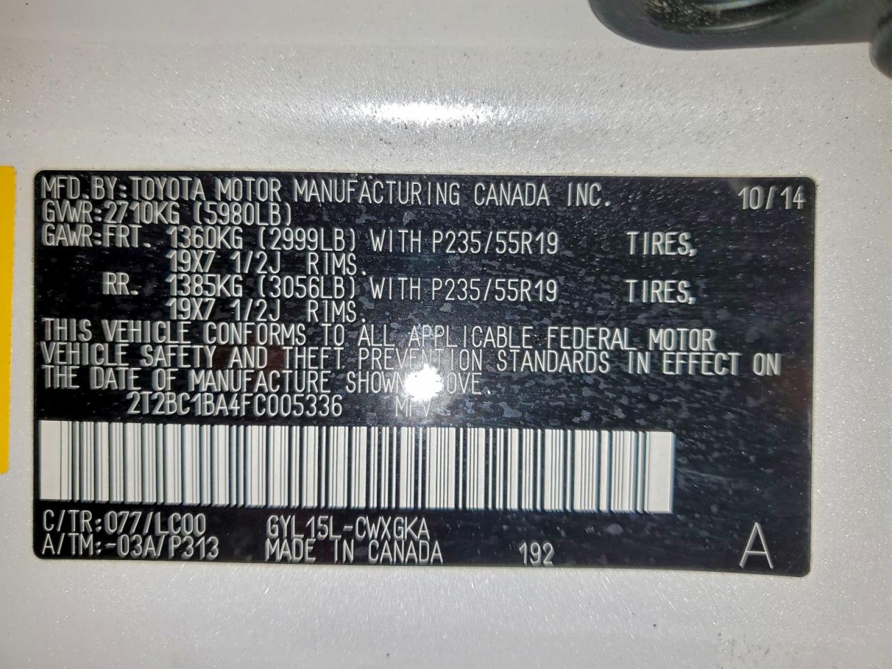 2015 Lexus Rx 450H VIN: 2T2BC1BA4FC005336 Lot: 93934035