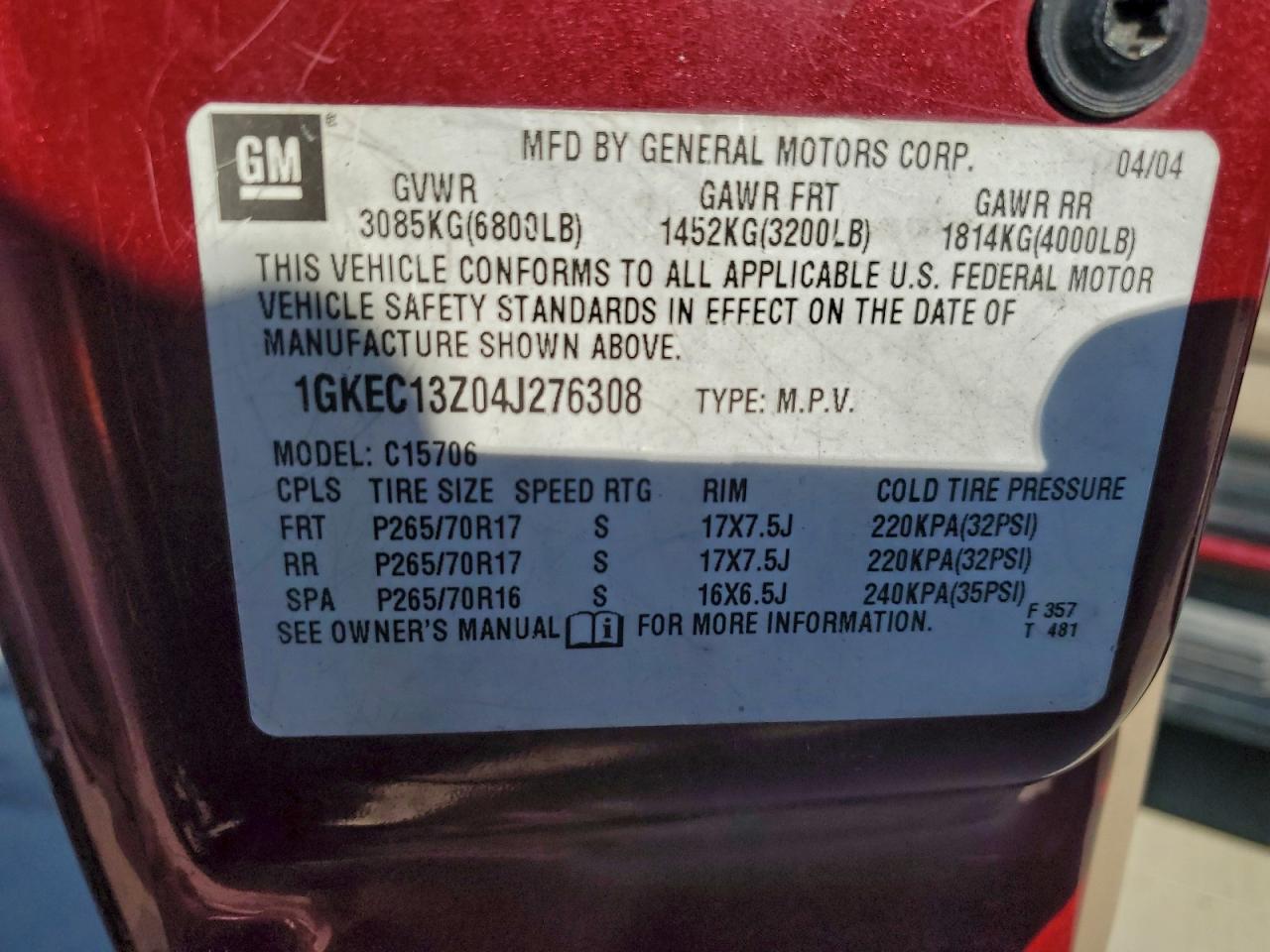 2004 GMC Yukon VIN: 1GKEC13Z04J276308 Lot: 93036445