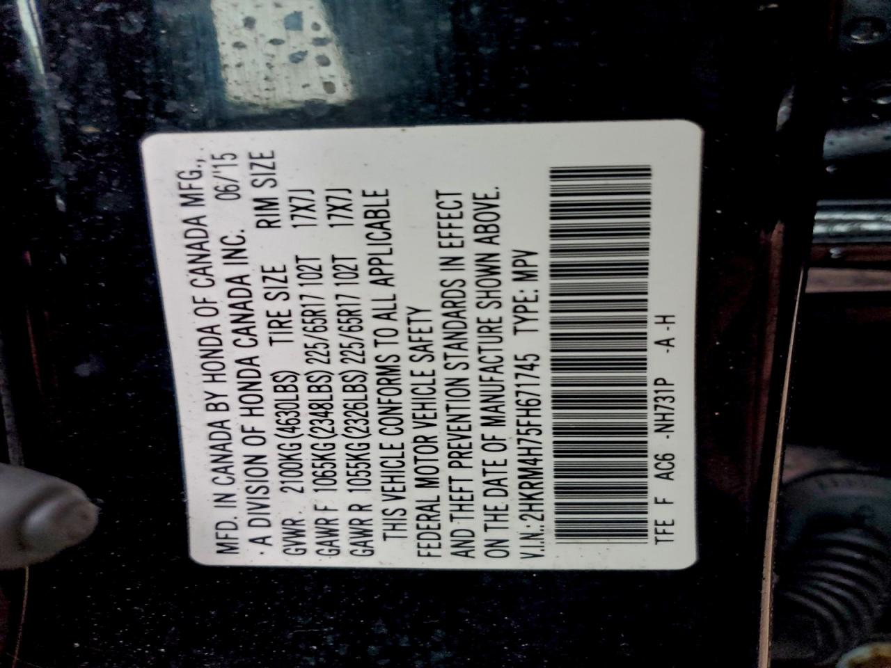 2015 Honda Cr-V Exl VIN: 2HKRM4H75FH671745 Lot: 94102495