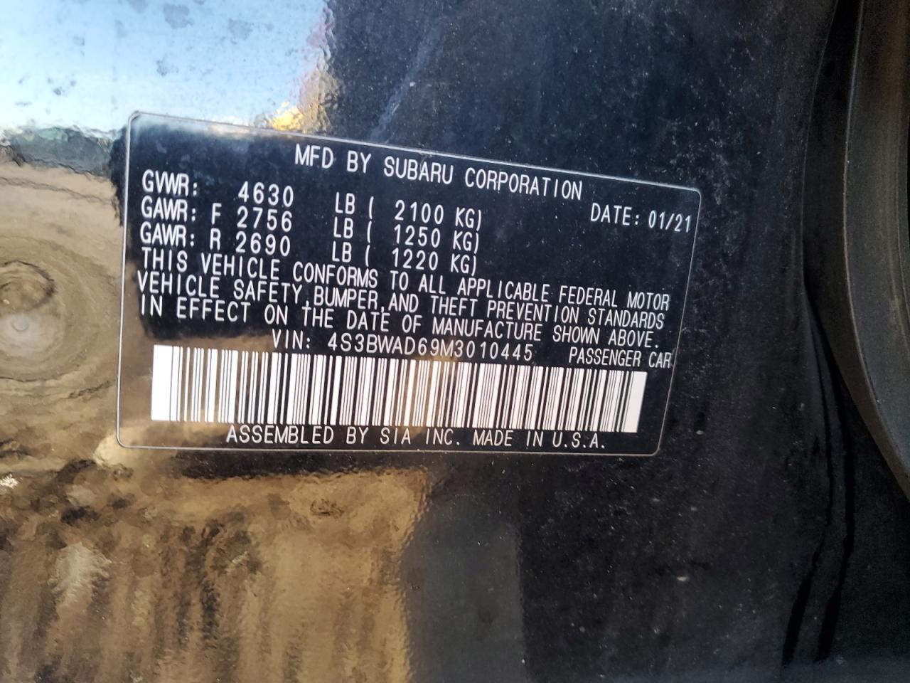 2021 Subaru Legacy Premium VIN: 4S3BWAD69M3010445 Lot: 92528705