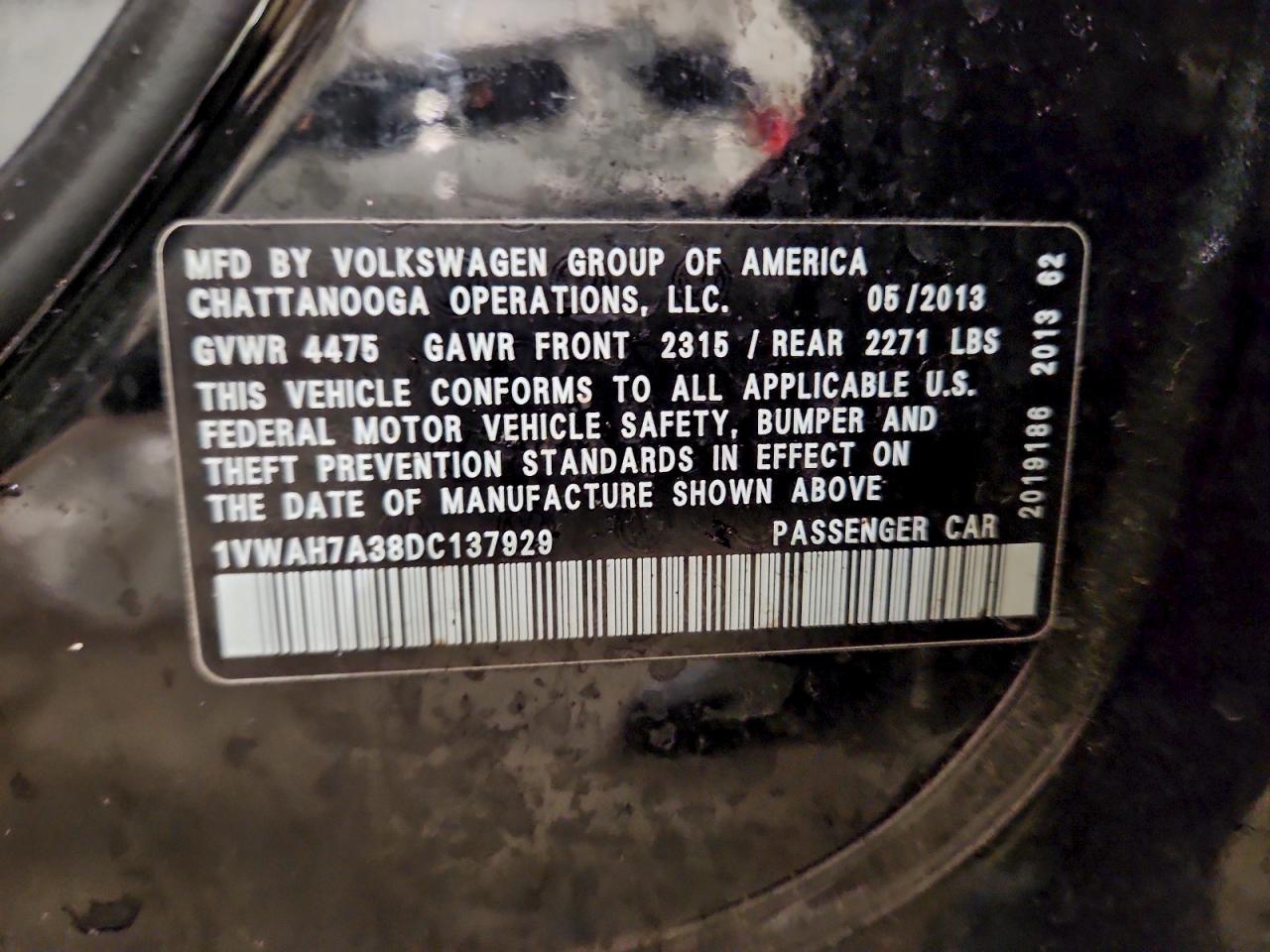 2013 Volkswagen Passat S VIN: 1VWAH7A38DC137929 Lot: 93905245