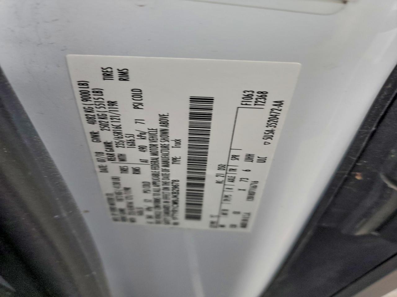 2018 Ford Transit T-250 VIN: 1FTYR1CM9JKB29678 Lot: 94243295