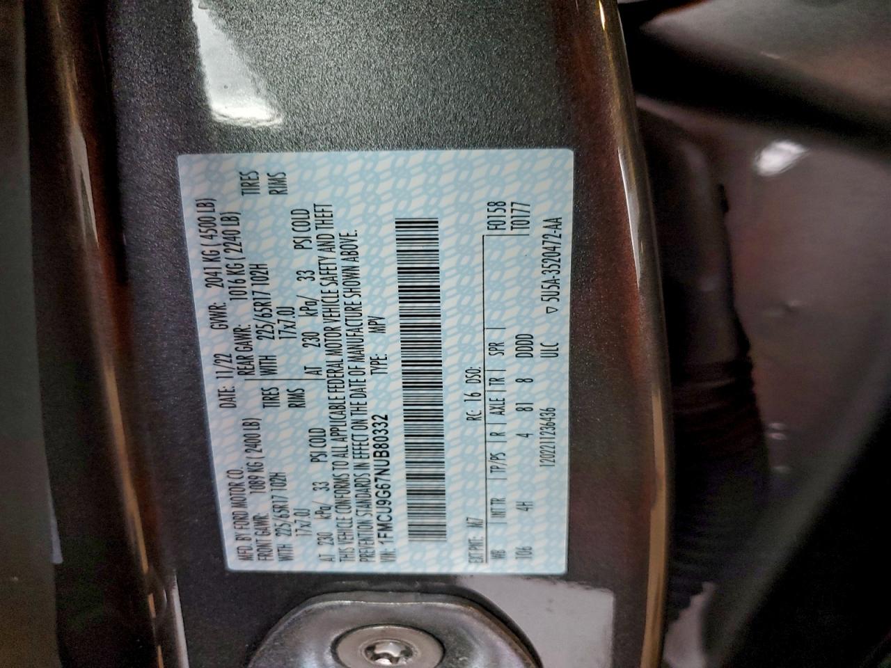 2022 Ford Escape Se VIN: 1FMCU9G67NUB80332 Lot: 94484925