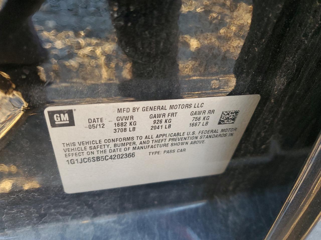 2012 Chevrolet Sonic Lt VIN: 1G1JC6SB5C4202366 Lot: 91437335