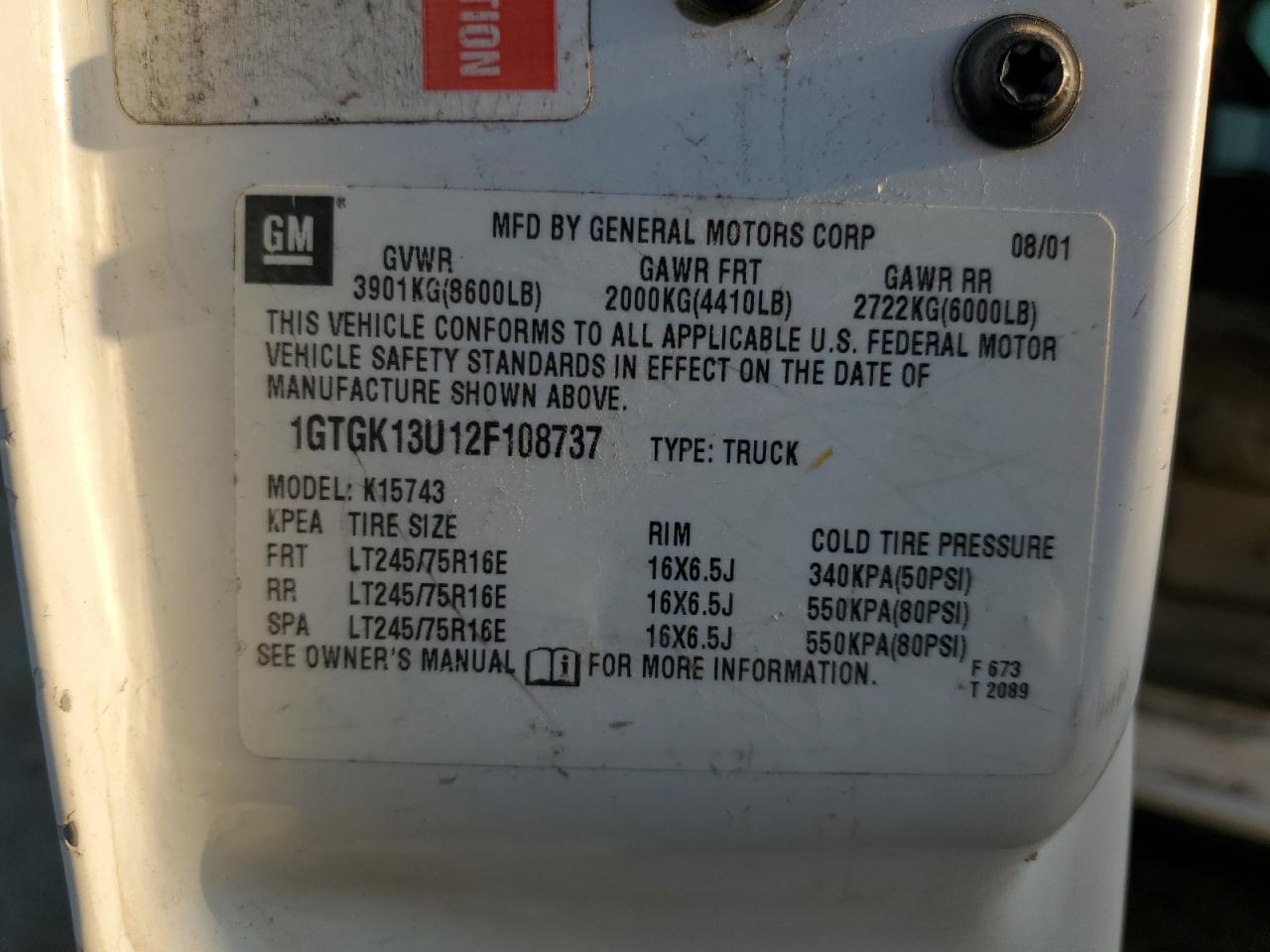 2002 GMC Sierra K1500 Heavy Duty VIN: 1GTGK13U12F108737 Lot: 91121235