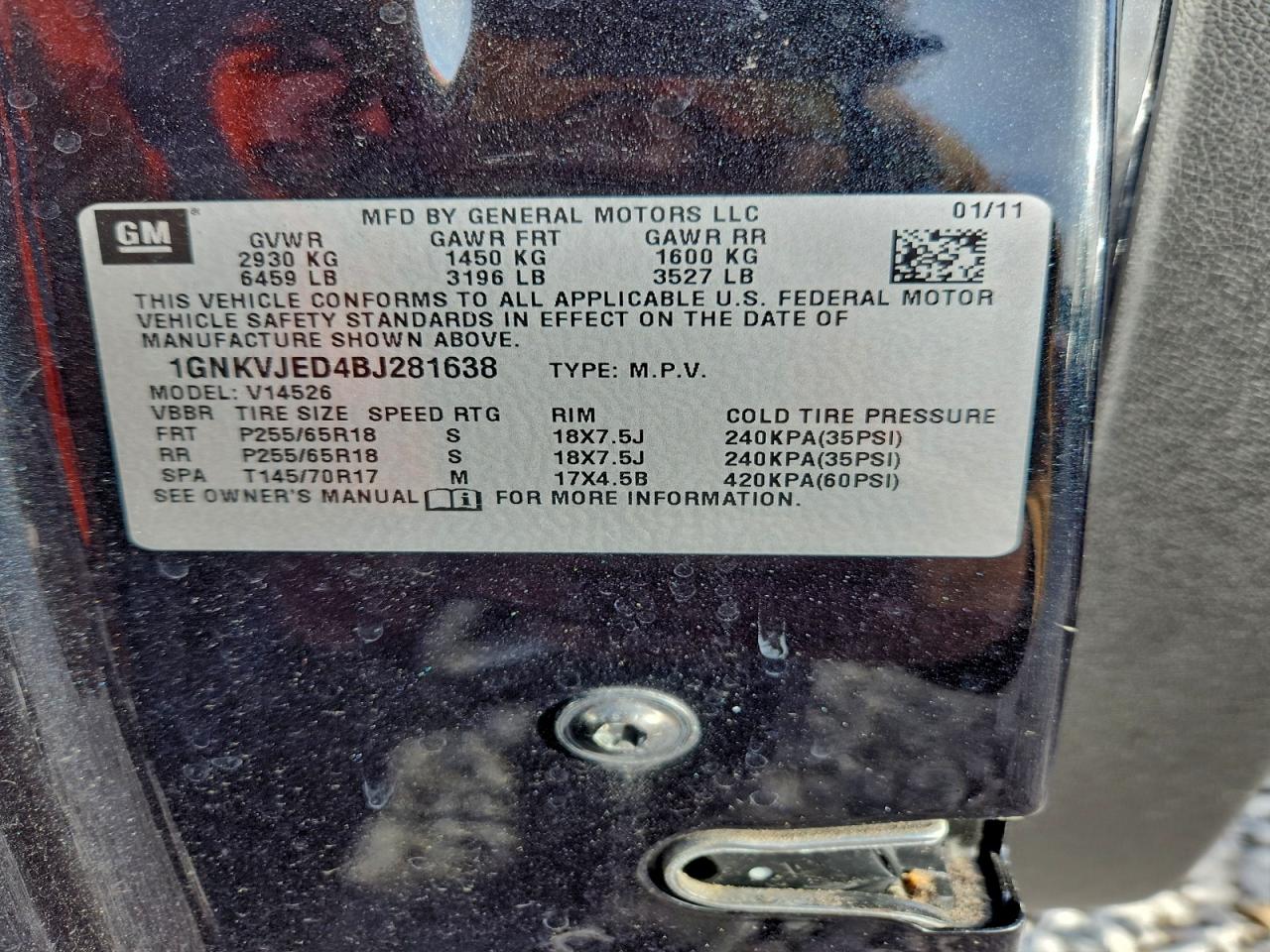 2011 Chevrolet Traverse Lt VIN: 1GNKVJED4BJ281638 Lot: 93179465