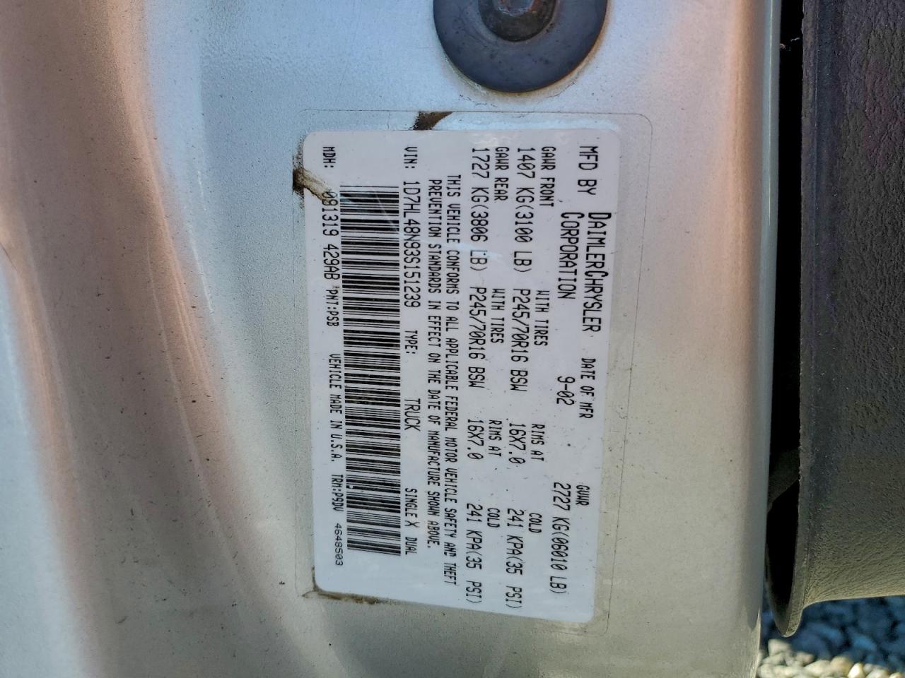 2003 Dodge Dakota Quad Slt VIN: 1D7HL48N93S151239 Lot: 93667535