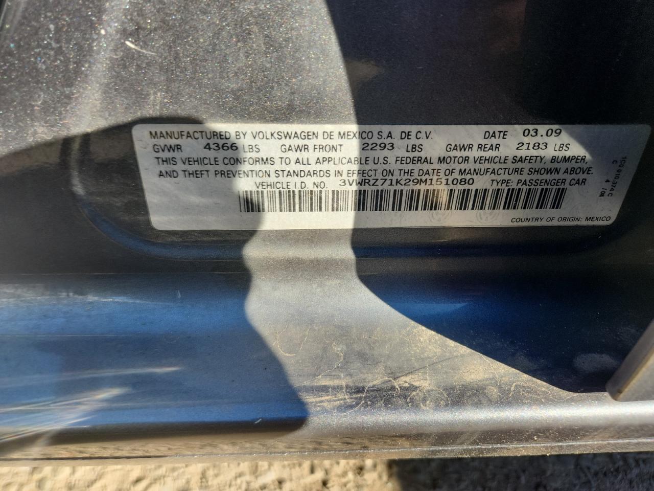2009 Volkswagen Jetta Se VIN: 3VWRZ71K29M151080 Lot: 93667625