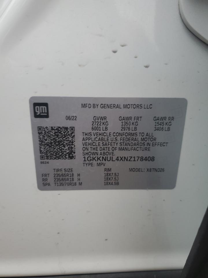 2022 GMC Acadia Slt VIN: 1GKKNUL4XNZ178408 Lot: 92791825