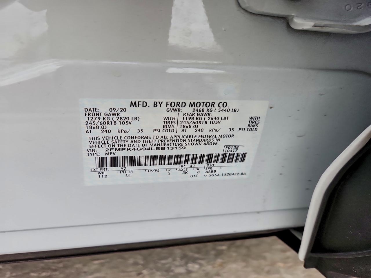 2020 Ford Edge Se VIN: 2FMPK4G94LBB13159 Lot: 94166105