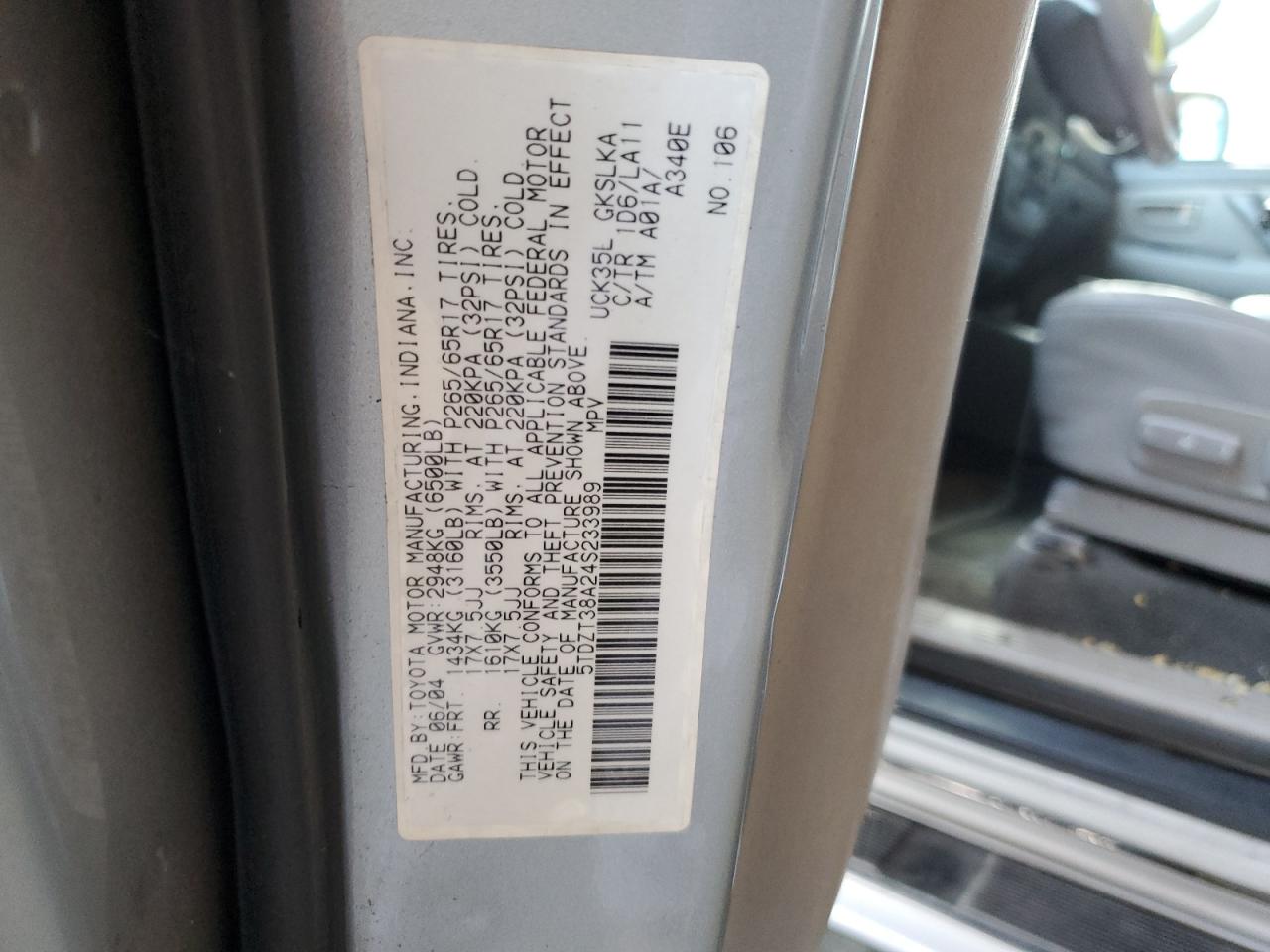 2004 Toyota Sequoia Limited VIN: 5TDZT38A24S233989 Lot: 93201525