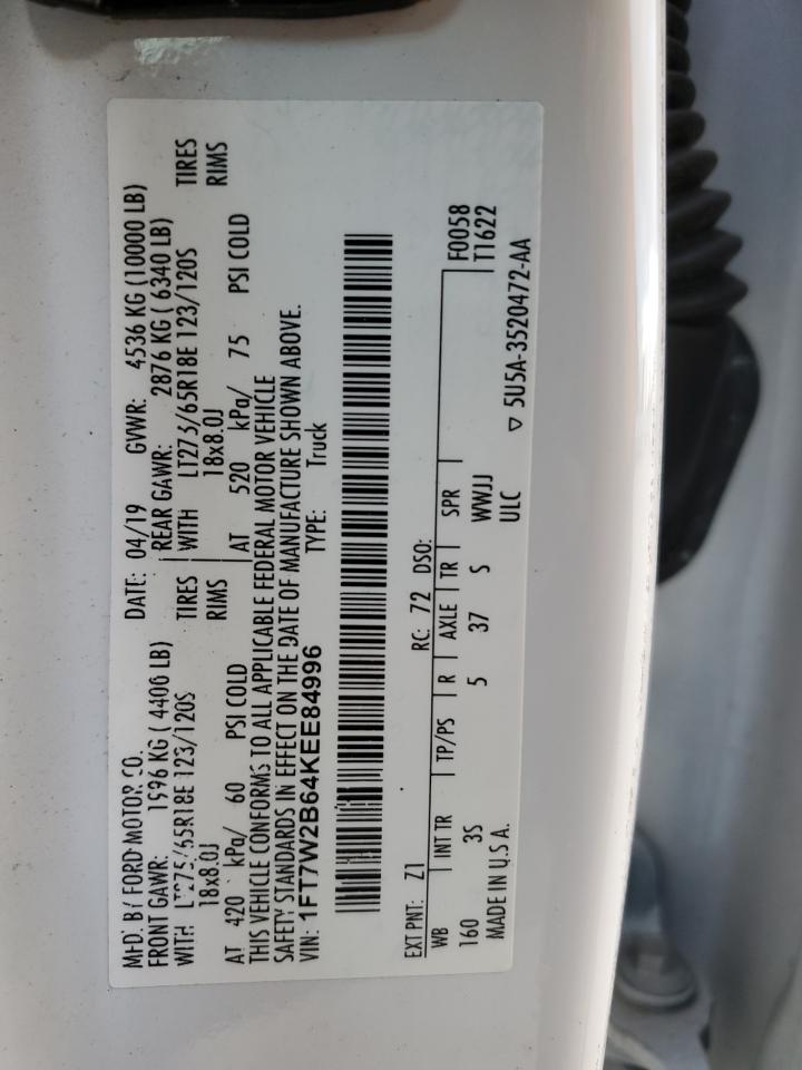 2019 Ford F250 Super Duty VIN: 1FT7W2B64KEE84996 Lot: 92283815