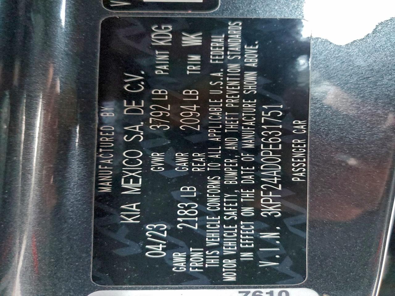 2023 Kia Forte Lx VIN: 3KPF24AD0PE631751 Lot: 94143425