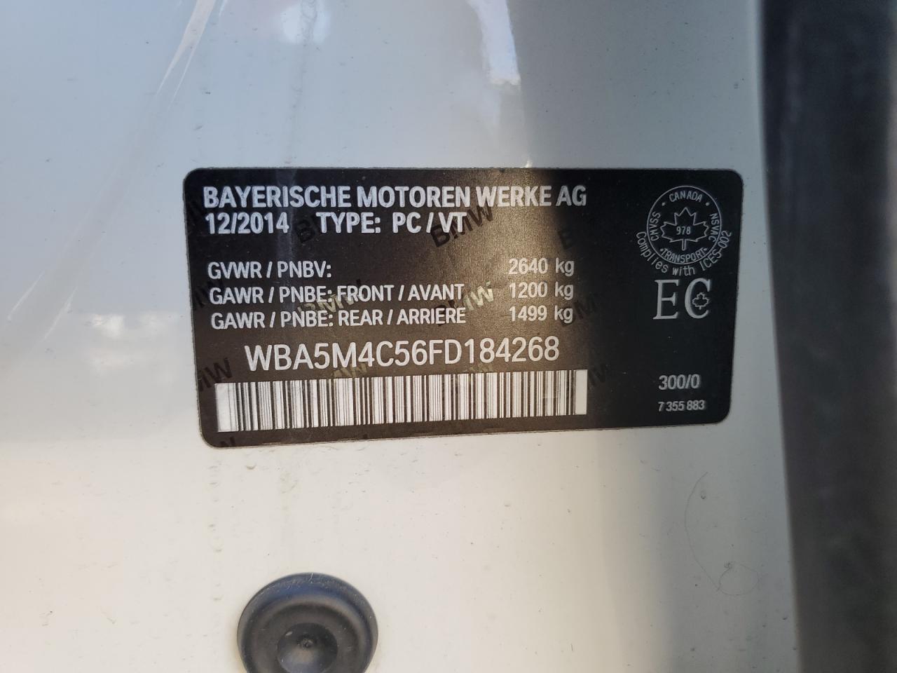 2015 BMW 535 Xigt VIN: WBA5M4C56FD184268 Lot: 91819825