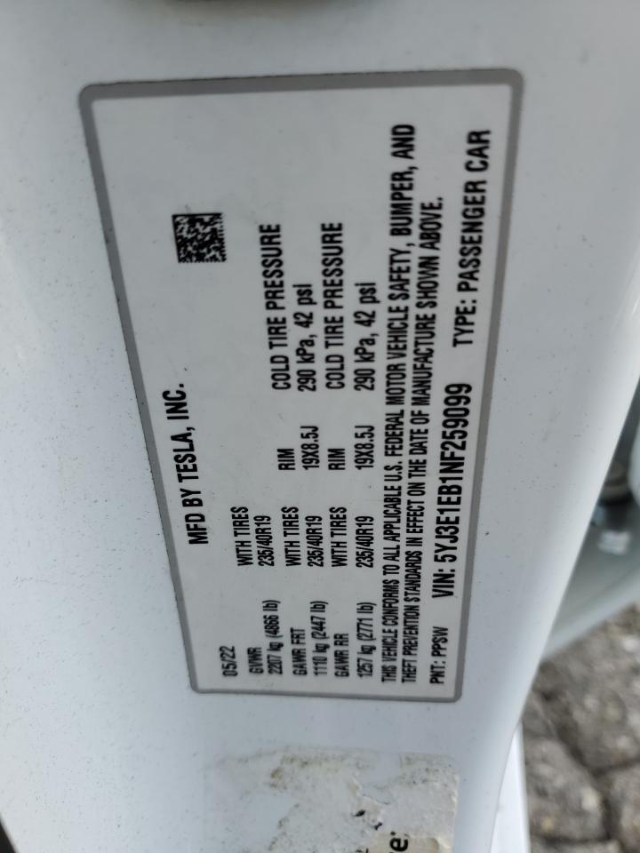 2022 Tesla Model 3 VIN: 5YJ3E1EB1NF259099 Lot: 93539305