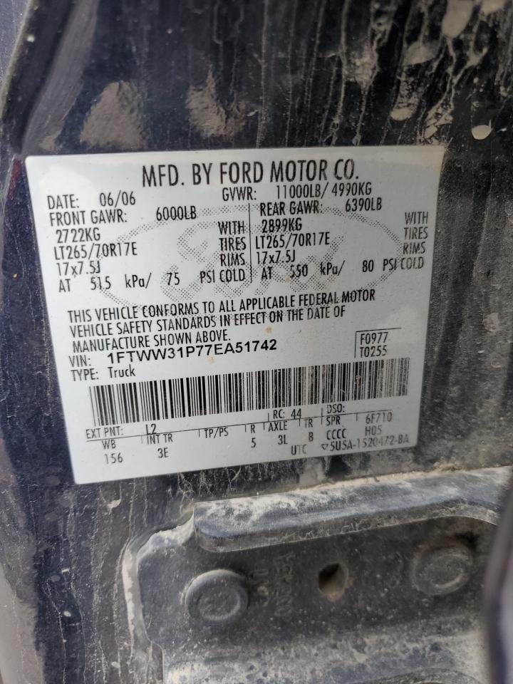 2007 Ford F350 Srw Super Duty VIN: 1FTWW31P77EA51742 Lot: 90624195