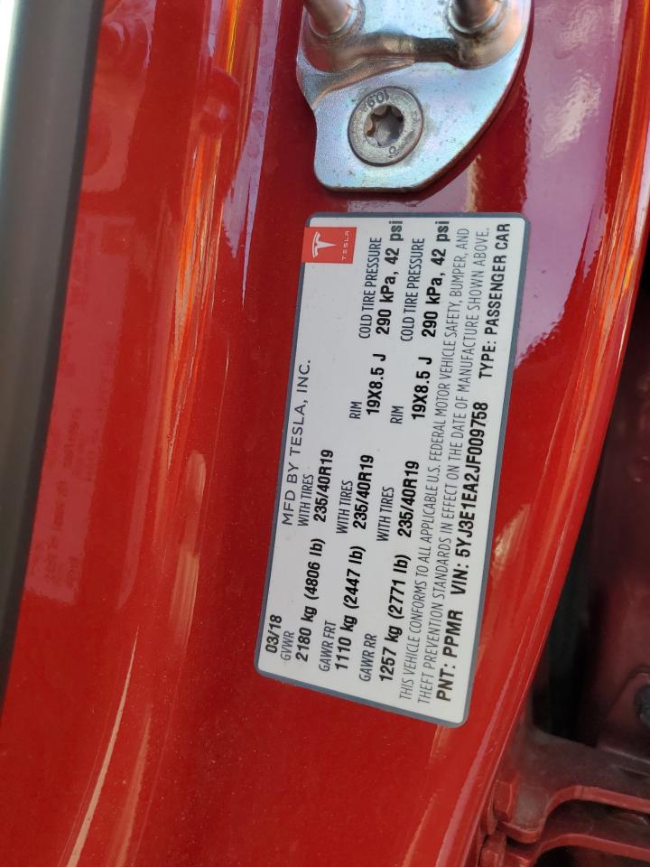 2018 Tesla Model 3 VIN: 5YJ3E1EA2JF009758 Lot: 91775525