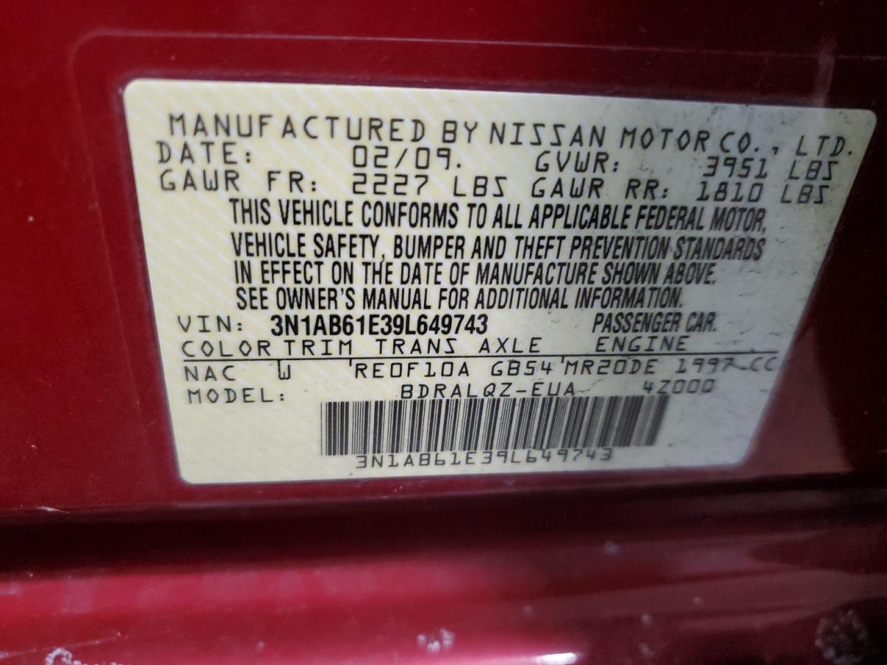 2009 Nissan Sentra 2.0 VIN: 3N1AB61E39L649743 Lot: 93409135