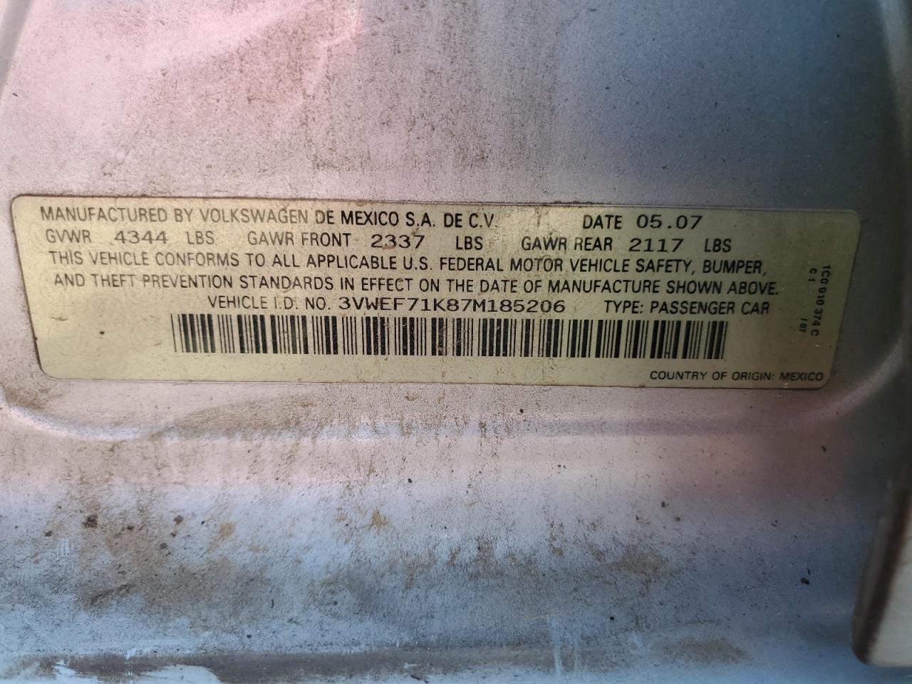 2007 Volkswagen Jetta Wolfsburg VIN: 3VWEF71K87M185206 Lot: 92086825