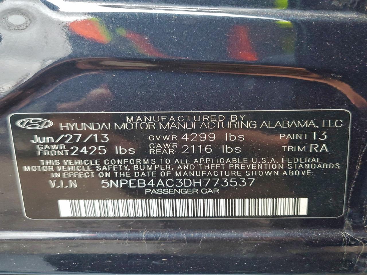 2013 Hyundai Sonata Gls VIN: 5NPEB4AC3DH773537 Lot: 94336675