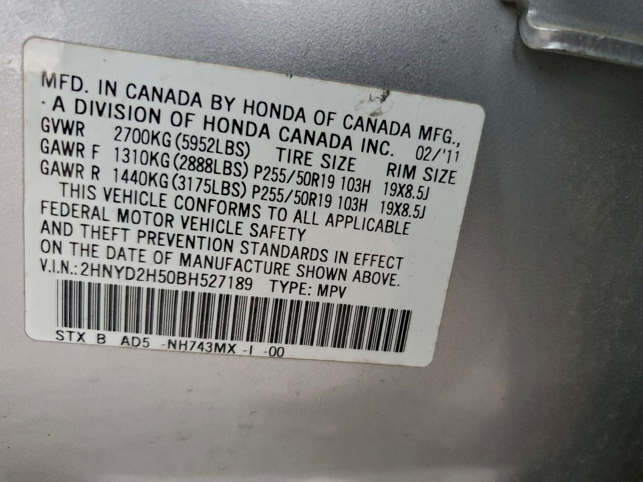 2011 Acura Mdx Advance VIN: 2HNYD2H50BH527189 Lot: 94804755