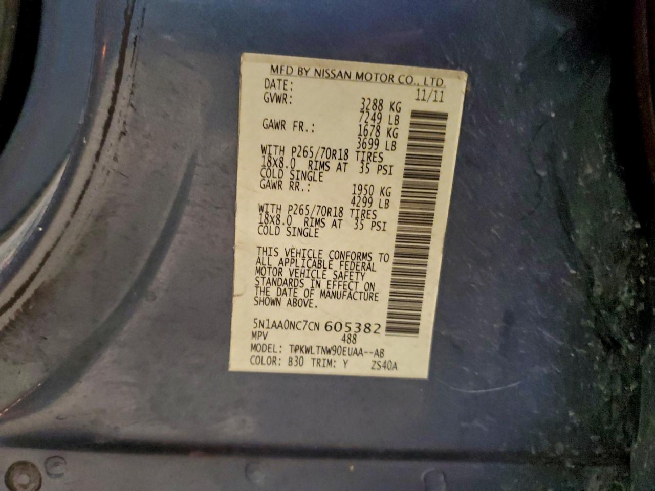 2012 Nissan Armada Sv VIN: 5N1AA0NC7CN605382 Lot: 94308965