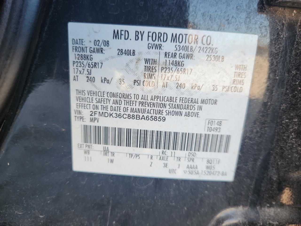 2008 Ford Edge Se VIN: 2FMDK36C88BA65859 Lot: 92718575