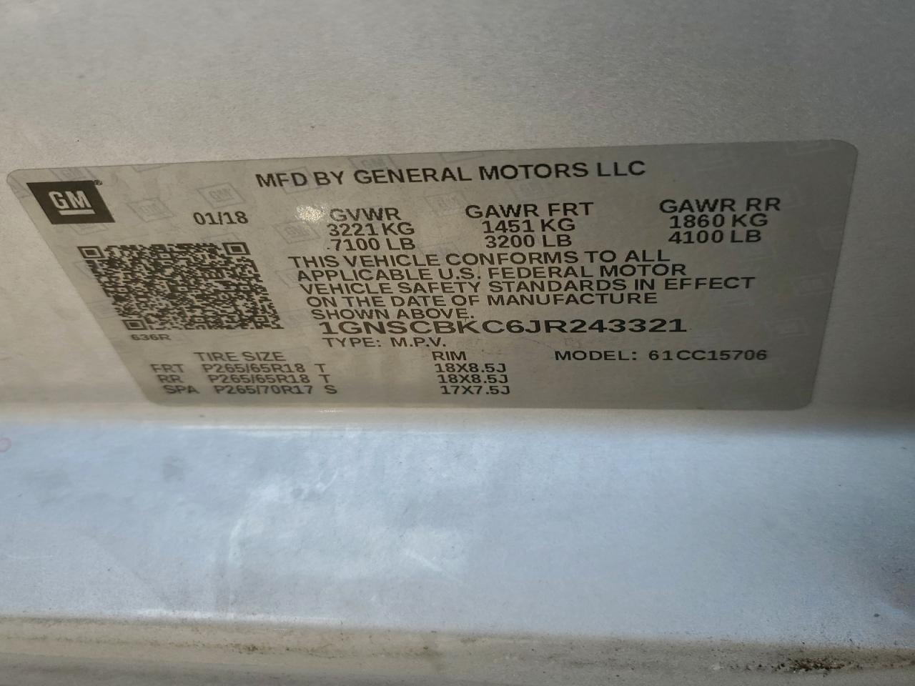 2018 Chevrolet Tahoe C1500 Lt VIN: 1GNSCBKC6JR243321 Lot: 94944895