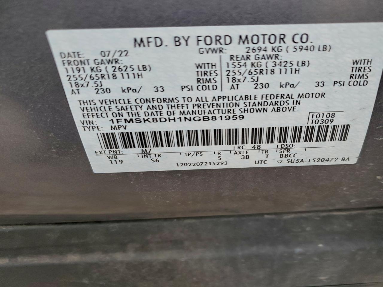 2022 Ford Explorer Xlt VIN: 1FMSK8DH1NGB81959 Lot: 94210515