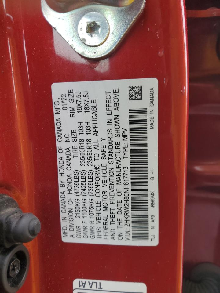 2022 Honda Cr-V Exl VIN: 2HKRW2H80NH617713 Lot: 92757095