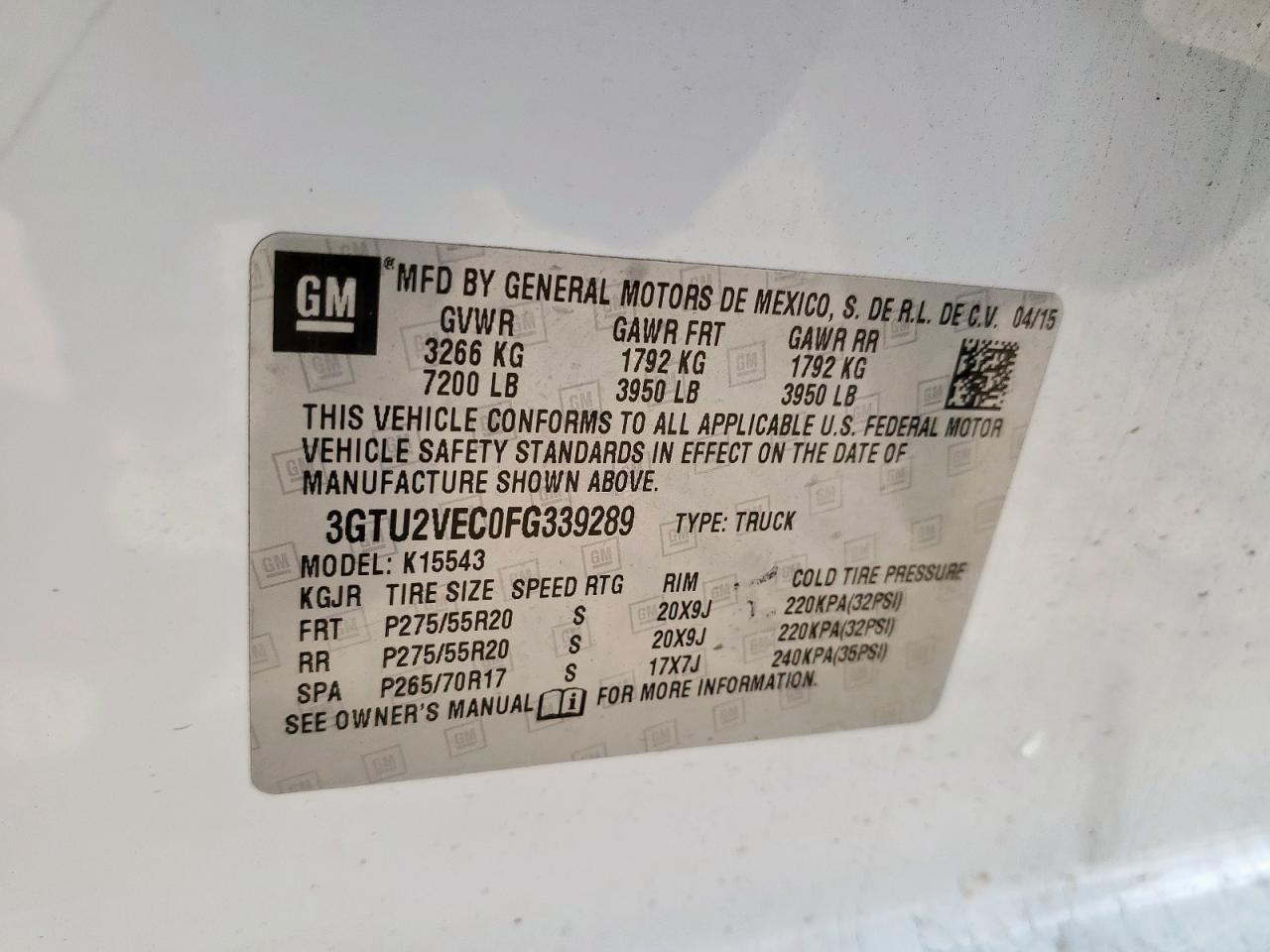 2015 GMC Sierra K1500 Slt VIN: 3GTU2VEC0FG339289 Lot: 91600565